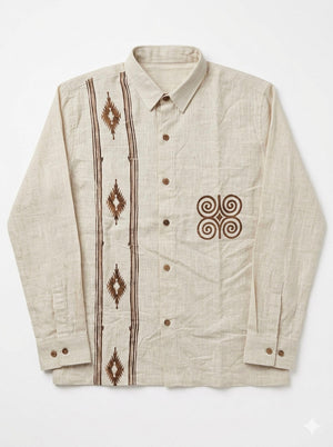 Flat lay of the Sehra Shirt in off-white cotton, showing the brown printed diamond placket band, collar, buttons and cuffs.