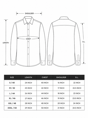 Sehra Shirt size chart in inches for S 40 to XXXL 50, listing length, chest, shoulder and sleeve with line drawings.
