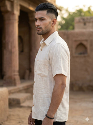 Shwet Shirt side profile – men's ivory textured cotton short-sleeve shirt with chest pocket
