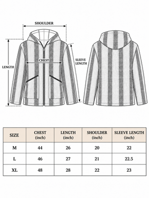 Size chart for the striped hooded jacket, chest 44-48 in, length 26-28 in, shoulder 20-22 in, sleeve 22-23 in