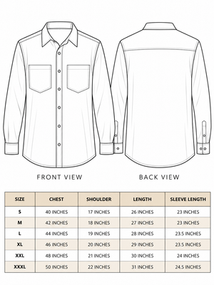Size chart for the Surya Rekha Shirt, sizes S to XXXL with chest, shoulder, length and sleeve measurements