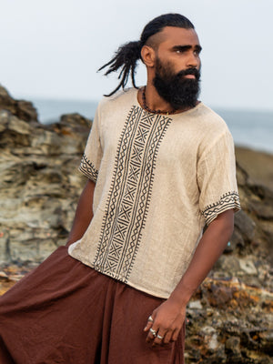 Close-up of the Tribal T-Shirt hand block printed tribal motif and round neckline