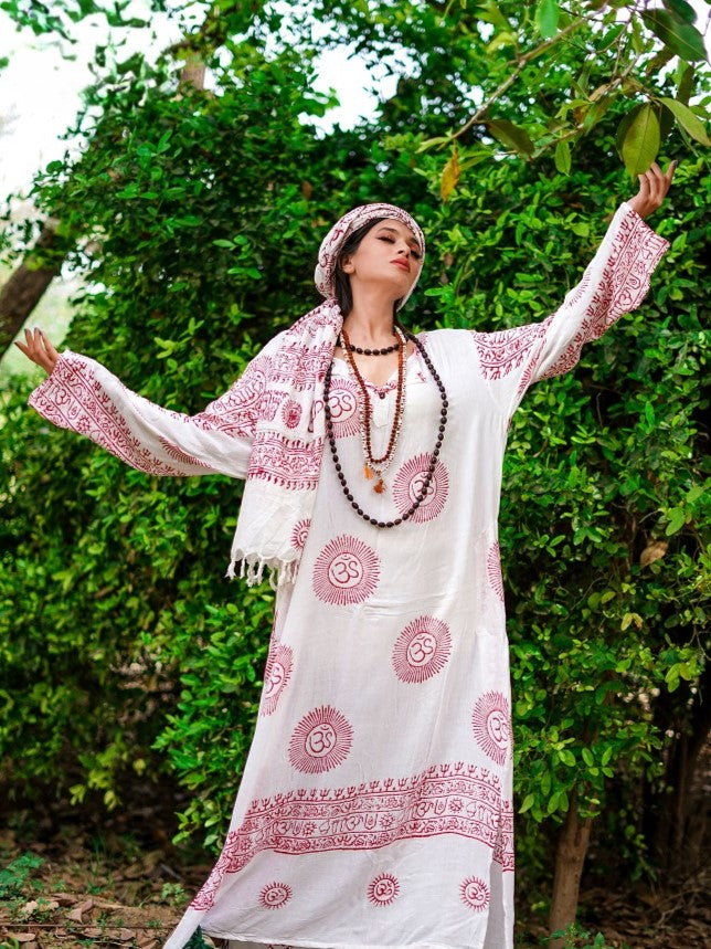 Vedica white maxi dress with red om print and flowing bell sleeves, boho style