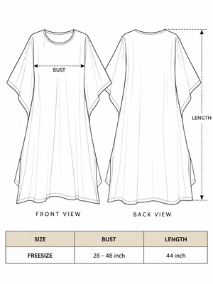 Yaja Kaftan size chart: free size fits bust 28 to 48 inches, length 44 inches, with front and back views