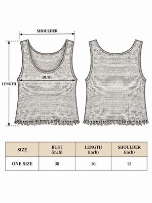 Zar Top size chart, one size: bust 38 inches, length 16 inches, shoulder 15 inches