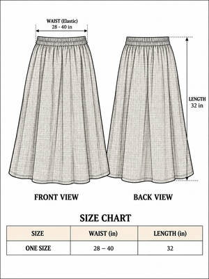 Zarra skirt size chart, one size, stretch waist 28-40 in, length 32 in, front and back views