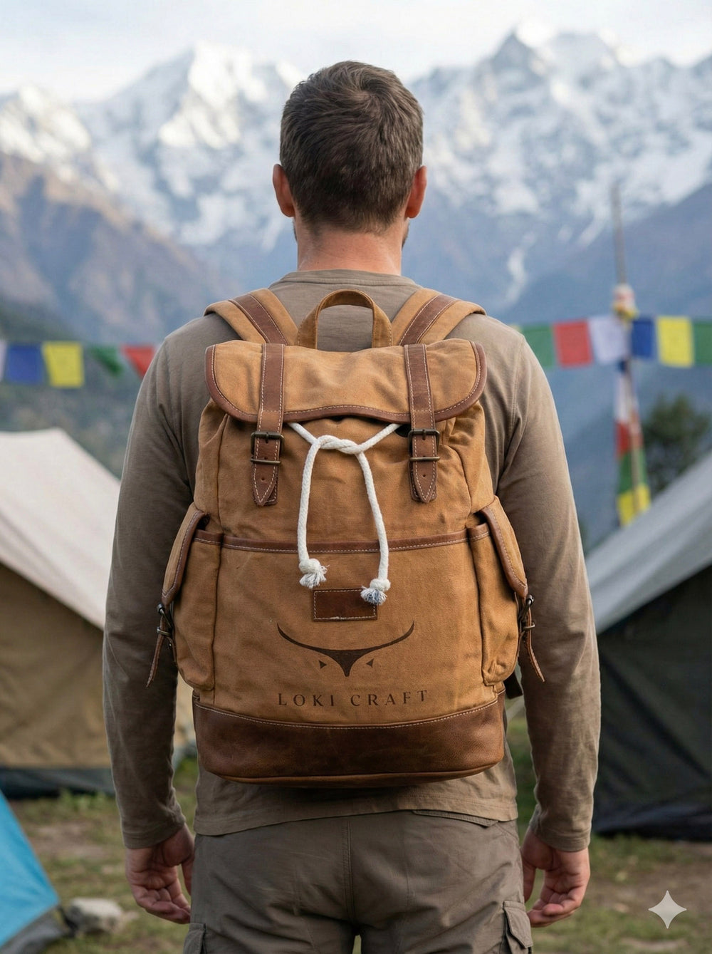 A man wearing the Trailbound Nomad Canvas Backpack stands outdoors, facing snowy mountains. Tents and colorful prayer flags are visible in the background, suggesting a campsite or trekking area.