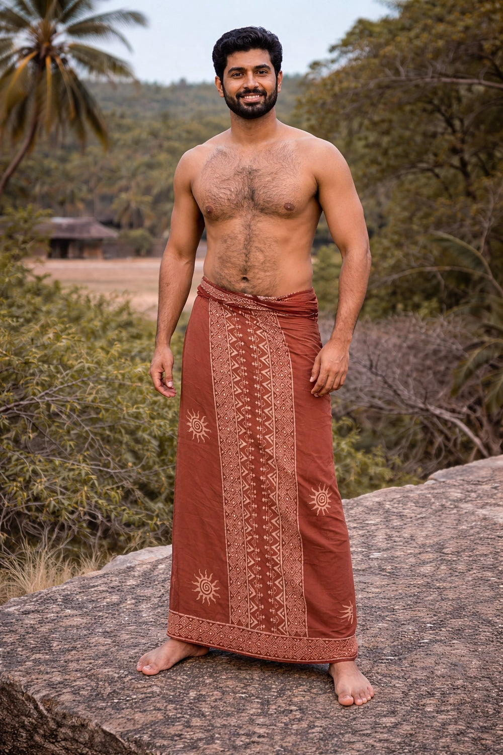 A man stands barefoot on a rock outdoors, wrapped in the Raahi Dhoti—a reddish-brown patterned garment crafted from breathable fabric—around his waist. Shirtless and smiling, with greenery and palm trees in the background, he exudes effortless ethnic styling.