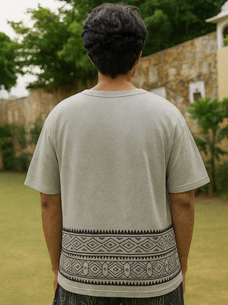 Grey Cotton Boho T-Shirt with Tribal Border Print