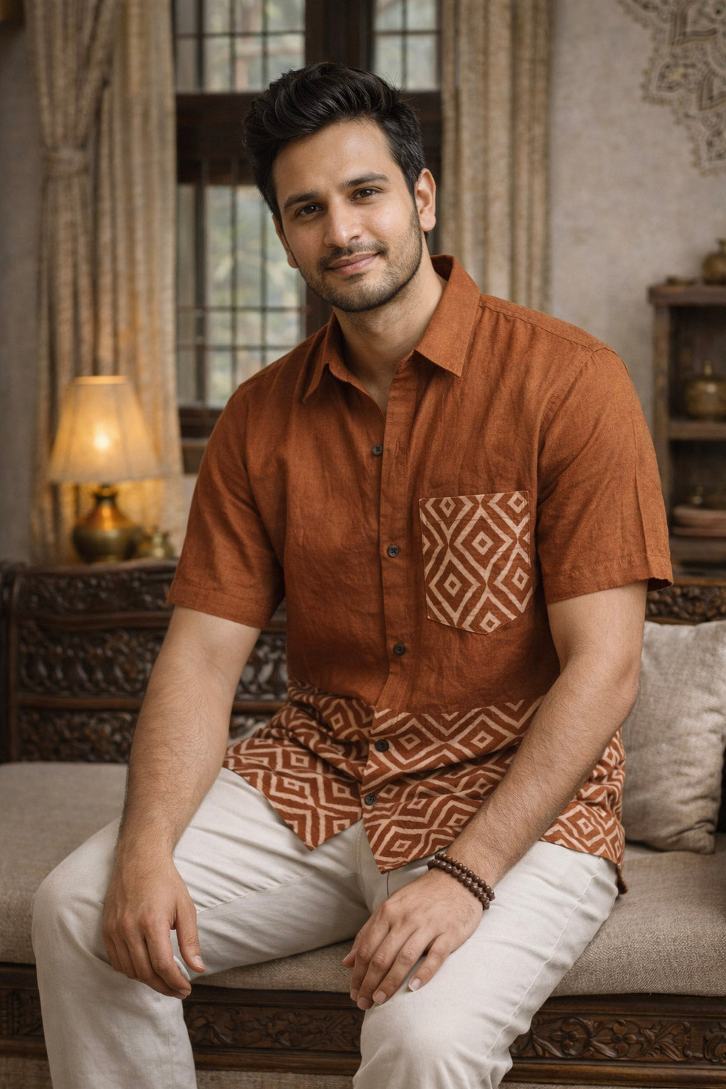 Wearing the Uday Shirt, a man in an earthy rust, hand block printed style pairs it with light pants as he sits on a beige sofa, smiling with a lamp and decorative items in the background.