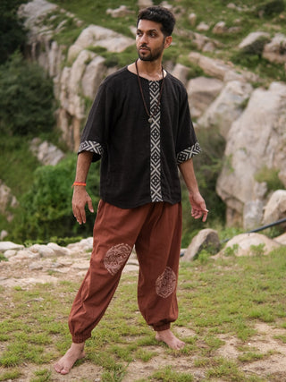 Beige Cotton Boho Pants with Red Tribal Mandala Print