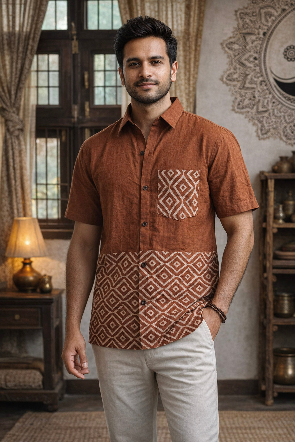 A man stands indoors wearing the Uday Shirt—an earthy rust shirt featuring white geometric block print patterns—paired with light pants. Behind him are a window, a lamp on a table, shelves, and decorative wall art.