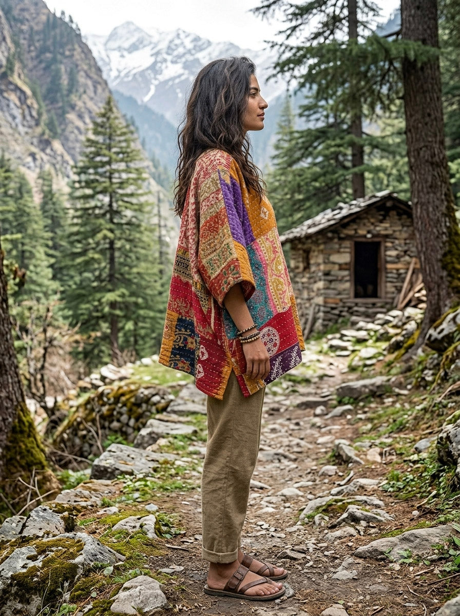 Wearing the Arohi Kantha Kaftan, a woman in sandals stands on a forest path with pine trees, mountains, and a small stone cabin in the background.