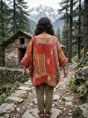 Wearing the Arohi Kantha Kaftan, a person with long hair stands on a rocky path in a forest, facing a small stone cabin with snow-capped mountains rising in the background.