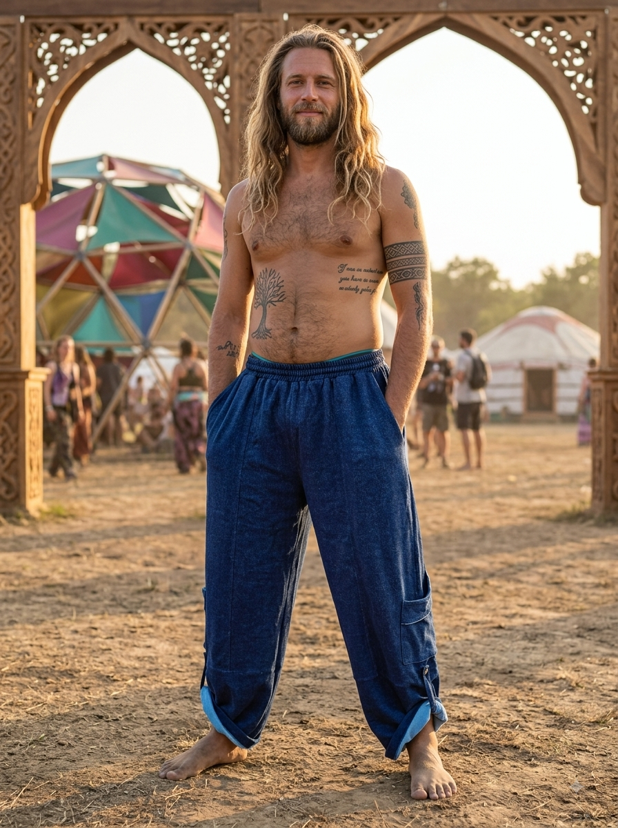 A barefoot man with long hair and tattoos stands smiling outdoors at a festival, wearing indigo Sayan Cargo Pants with utility pockets; wooden arches and colorful tents can be seen in the background.