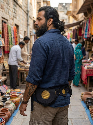 A man with a beard and tattoos, wearing a blue shirt and the stylish Mystic Waist Belt, stands in a colorful outdoor market filled with pottery and textiles.