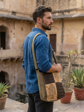 A man in a blue shirt stands outdoors with the Vanika Sling Bag, a tan and brown bohemian crossbody bag adorned with leaf designs. Earth-toned walls and potted plants in the background highlight its artisanal craftsmanship.