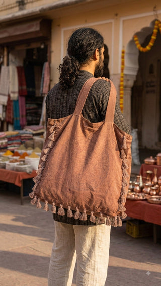 A person with long hair and a brown sweater carries the Aatman Tassel Tote Bag, a large bohemian tote adorned with hand block printed motifs and tassels, while standing in a sunlit market brimming with colorful textiles and copperware in the background.