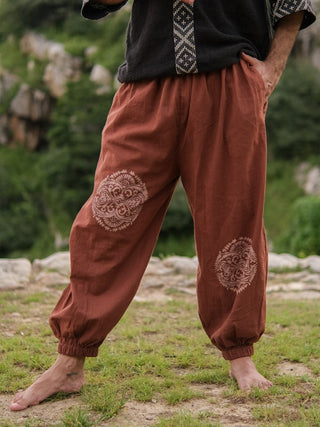 Beige Cotton Boho Pants with Red Tribal Mandala Print