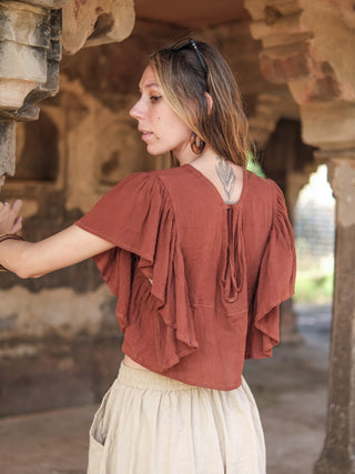 Vanya Boho Cotton Flared Sleeve  Rust Crop Top