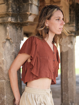Vanya Boho Cotton Flared Sleeve  Rust Crop Top
