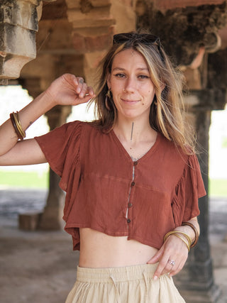 Vanya Boho Cotton Flared Sleeve  Rust Crop Top