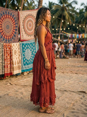 A woman wearing a sleeveless, textured rust-colored Rust Ember Nomad Maxi Dress with ruffled detailing stands on a beach in front of patterned fabric hangings.