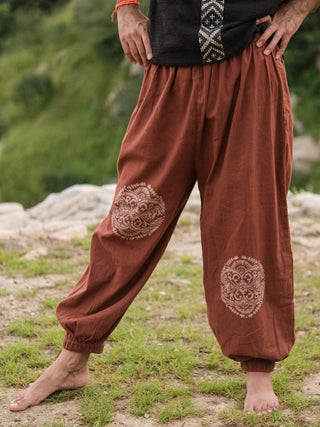 Beige Cotton Boho Pants with Red Tribal Mandala Print