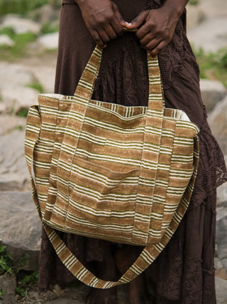 Cotton Tote Bag with Brown Green Striped Pattern