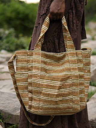 Cotton Tote Bag with Brown Green Striped Pattern