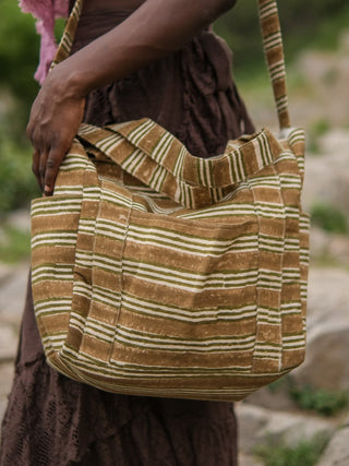Cotton Tote Bag with Brown Green Striped Pattern