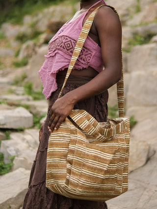 Cotton Tote Bag with Brown Green Striped Pattern