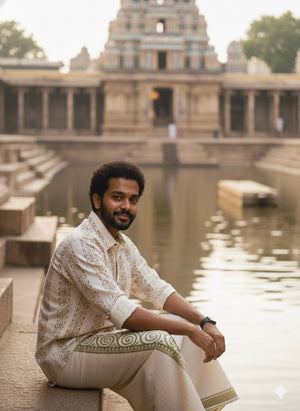 A man wearing the Dwara Shirt, a cream and brown block print cotton shirt, sits by the edge of a temple tank with a historic South Indian temple in the background. He is smiling slightly and looking at the camera.