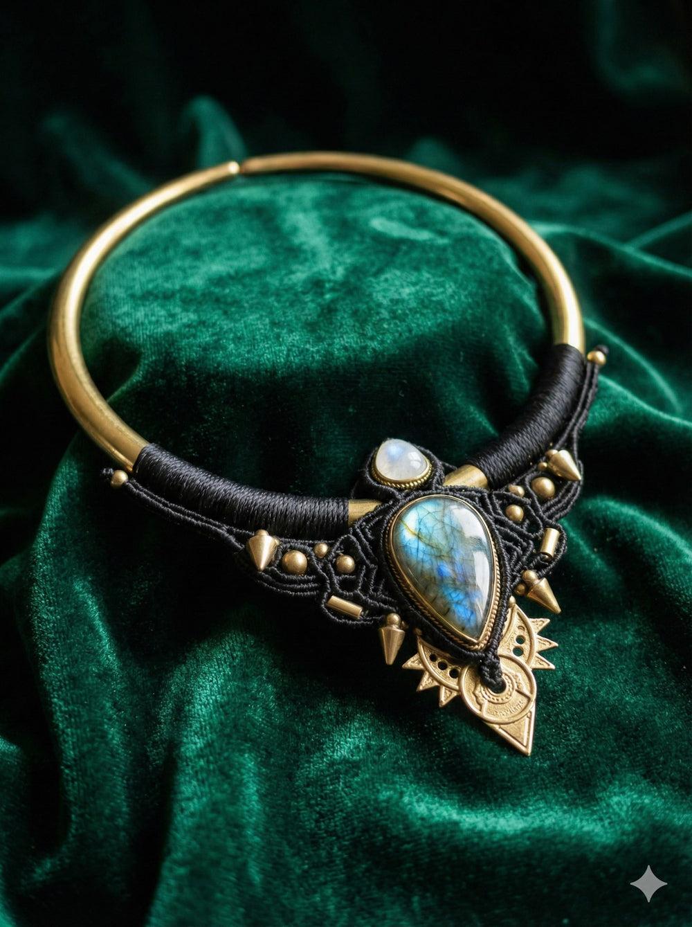 The Elvara Necklace, showcased on lush green velvet, is a striking gold choker adorned with intricate black and gold detailing. Featuring a large iridescent blue-green stone and a smaller white accent stone, this stunning piece blends the boho tribal style of a labradorite moonstone necklace with enduring elegance.