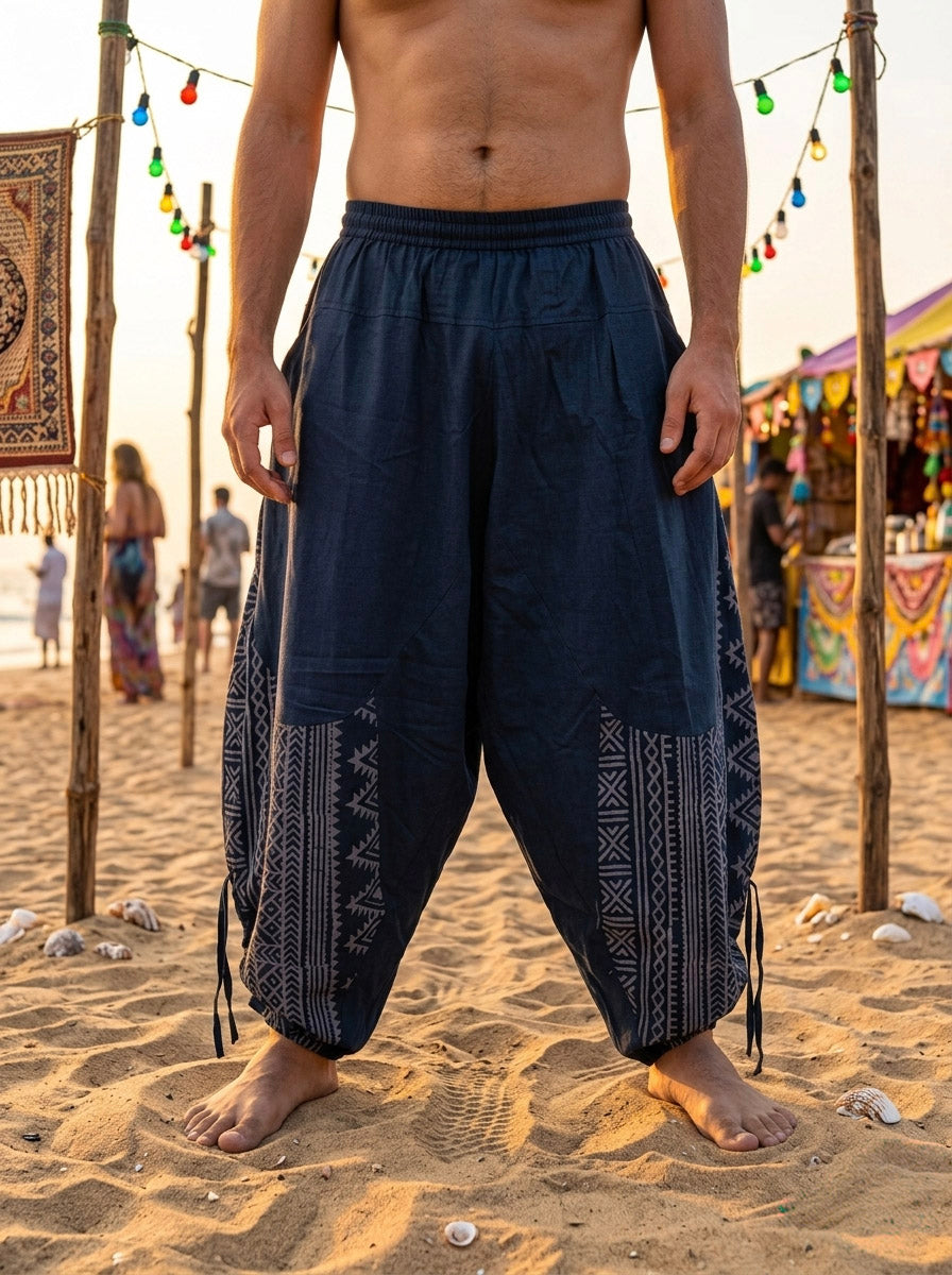 A barefoot person stands on sand wearing loose, dark Coastal Drift Harem Pants with geometric patterns; a colorful market and lights glow in the background.