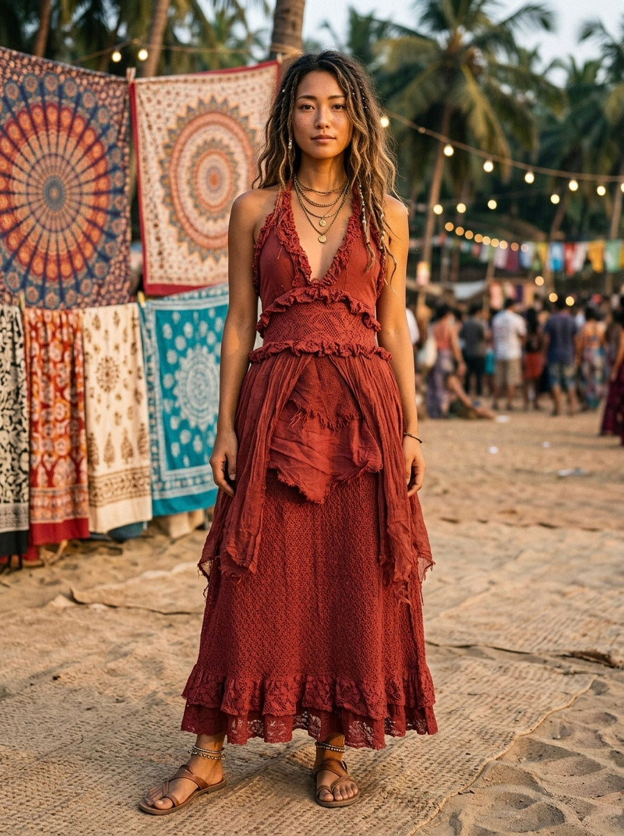 A woman wearing the Rust Ember Nomad Maxi Dress, a rust-colored bohemian style with a ruffled bodice and tiered, textured skirt, stands on a sandy beach.