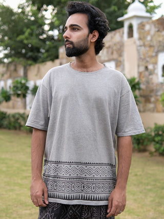 Grey Cotton Boho T-Shirt with Tribal Border Print
