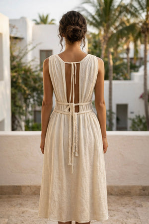 Kairo backless boho maxi dress with plunging neckline and tie waist by Crystal Heal