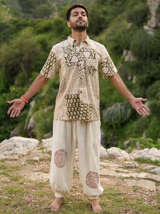 Beige Cotton Boho Pants with Red Tribal Mandala Print