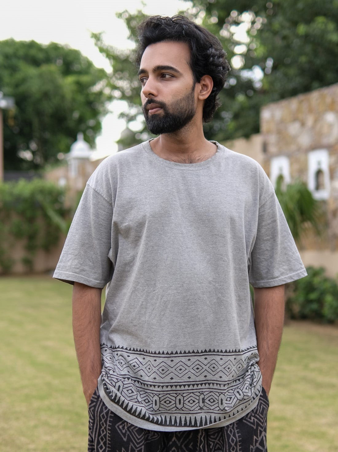 Grey Cotton Boho T-Shirt with Tribal Border Print