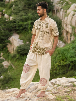 Beige Cotton Boho Pants with Red Tribal Mandala Print