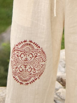Beige Cotton Boho Pants with Red Tribal Mandala Print