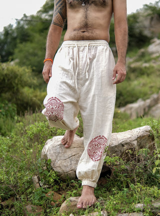 Beige Cotton Boho Pants with Red Tribal Mandala Print