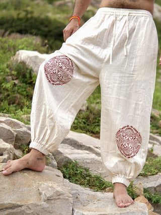 Beige Cotton Boho Pants with Red Tribal Mandala Print