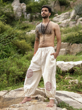 Beige Cotton Boho Pants with Red Tribal Mandala Print