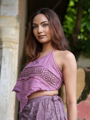 Audrey backless halter crop top in mustard block print cotton by Crystal Heal