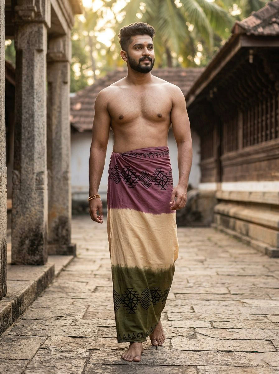A man with a beard walks barefoot outdoors, wearing the multicolor Vayun Ombre Dhoti featuring tribal geometric prints. Stone buildings and palm trees are visible in the background, with warm sunlight filtering through.