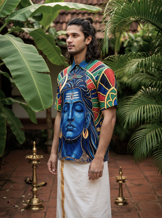 A man in traditional attire stands outdoors, wearing the Aadi Dev Shirt featuring a colorful depiction of a blue Hindu deity. He is surrounded by lush green plants and brass oil lamps on a tiled patio.