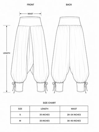 Technical drawing of the Moku Harem Pants, featuring a loose, cropped fit with a gathered waist and adjustable ankle ties, shown from front and back. These bohemian-style pants are perfect as festival clothing, offering both comfort and style for any occasion. Below is a size chart for small and medium sizes, listing length and waist measurements in inches.