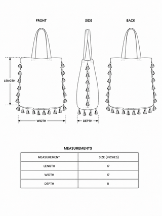 Line drawing of the Aatman Tassel Tote Bag shown from the front, side, and back views, featuring tassels on the sides. A measurement chart below lists length 17, width 17, and depth 8. The design is inspired by a mustard yellow oversized tote with hand block printed motif accents.